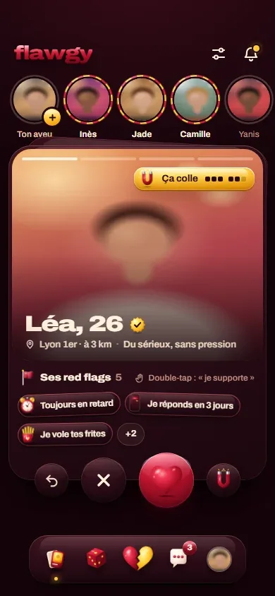 Maquette de Flawgy : Léa, 26 ans, ses red flags « Toujours en retard », « Je réponds en 3 jours » et « Je vole tes frites », et le badge aimanté « Ça colle » qui mesure l’accord.