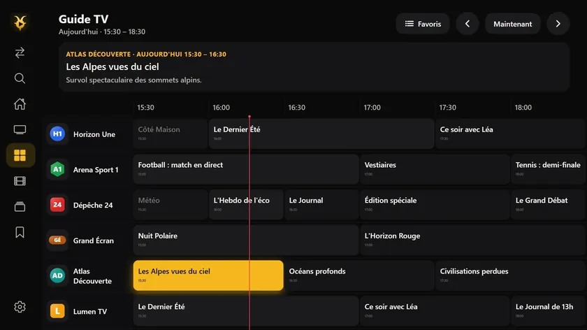 Le guide TV de Goat IPTV Player sur Apple TV : la grille de 15 h 30 à 18 h 30, chaîne par chaîne, avec le programme en cours surligné.