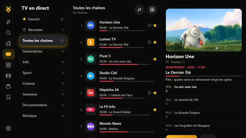 La TV en direct : liste des chaînes avec le programme en cours et l’aperçu de la chaîne choisie.