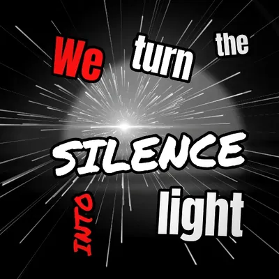 Modèle Manga : « We turn the silence into light » en mots éclatés noirs, blancs et rouges, lignes de vitesse.
