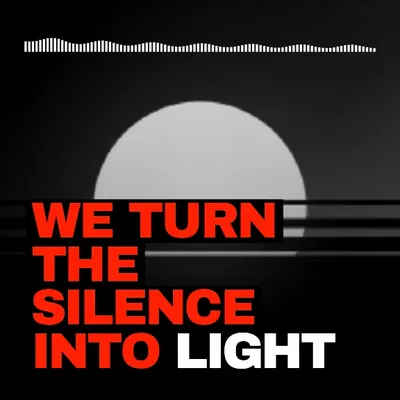 Modèle Brutalist : « we turn the silence into light » en rouge et blanc, forme d’onde en haut.